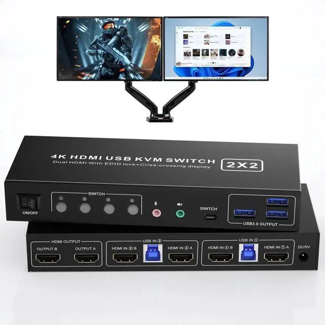 Main image of HDMI KVM Switch 2 Montiors 2 Computers USB 3.0, 4K@60Hz KVM Switch Dual Monitor with 3 USB 3.0 Ports and Audio, 2 Port KVM Switch with Dual Monitor Cross Display for 2 Computers