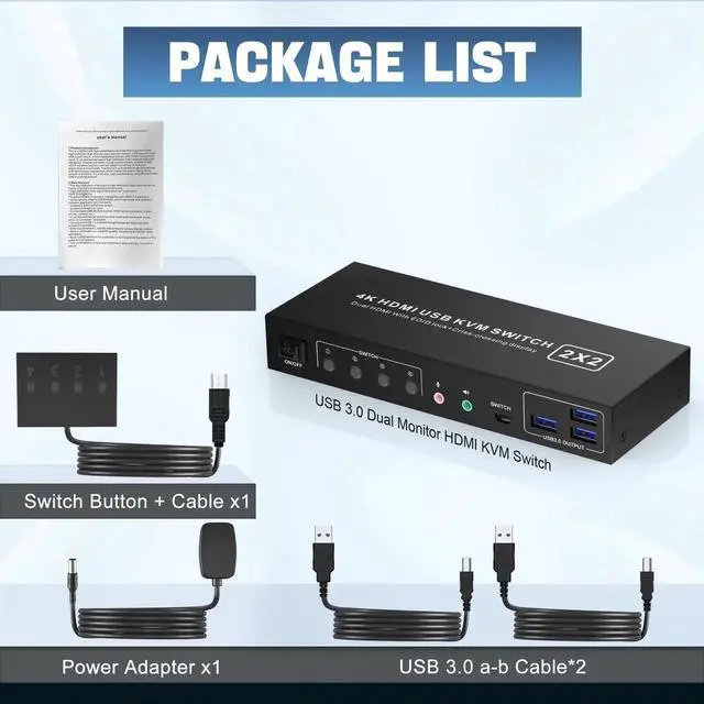 Alt view image 7 of 7 - HDMI KVM Switch 2 Montiors 2 Computers USB 3.0, 4K@60Hz KVM Switch Dual Monitor with 3 USB 3.0 Ports and Audio, 2 Port KVM Switch with Dual Monitor Cross Display for 2 Computers