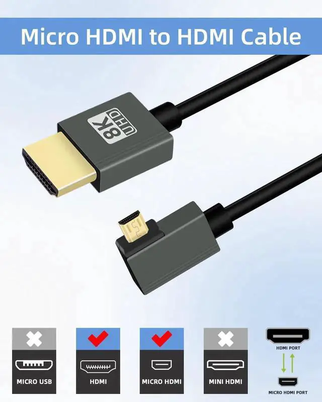 Alt view image 4 of 7 - 8K Left Angle Micro HDMI to HDMI Cable 2.2FT, 90 Degree Short HDMI to Micro HDMI Cable, Coiled HDMI 2.1 Cable 8K@60Hz 48Gbps for Camera/Camcorder/HDTV/Tablet