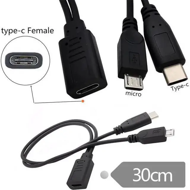 Alt view image 5 of 7 - Type-C USB-C Female to Micro USB Male & USB-C Type C USB 3.1 Splitter Extension Charge Cable 30CM