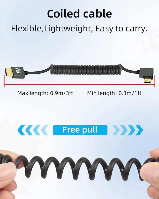 Alt view image 2 of 7 - 8K Left Angle Mini HDMI to HDMI Coiled Cable 2.2FT, 90 Degree Short HDMI to Mini HDMI Cable, Spring Spiral Hdmi 2.1 Cable 8K@60Hz 48Gbps for Camera/Camcorder/HDTV/Tablet