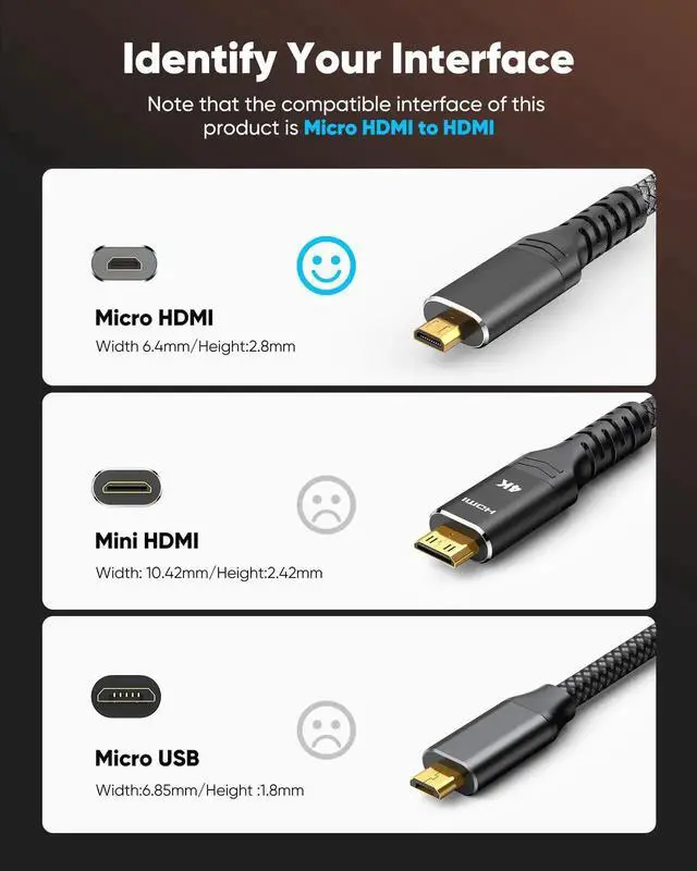 Alt view image 4 of 7 - 4K Micro HDMI to HDMI Cable 6 FT, Micro Male to HDMI Male Cable Nylon Braided Cord Adapter 2.0 4K@60HZ 2K@165HZ 18Gbps Compatible with Laptop Camera Monitor HDMI to Micro HDMI Black
