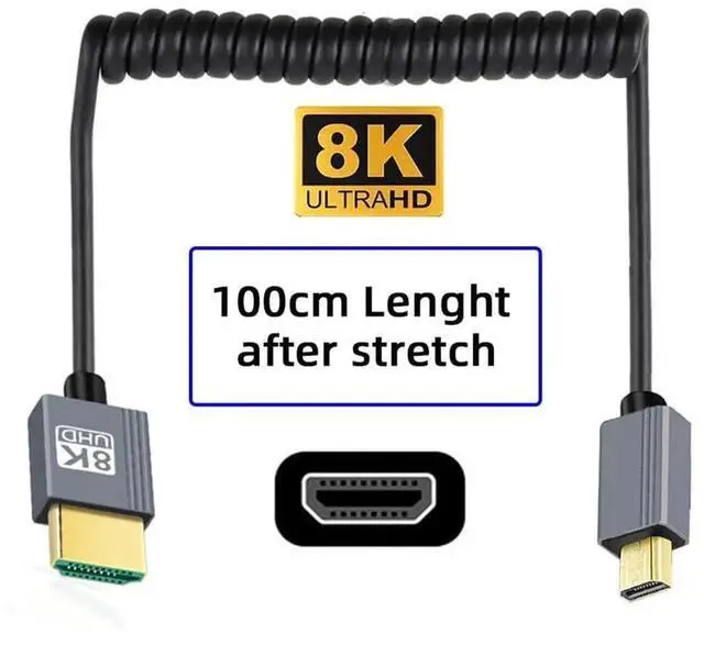 Alt view image 6 of 7 - Coiled Micro HDMI 2.1 Type-D Male to HDMI Male Stretch Cable 100cm for HDTV Camera Laptop Monitor
