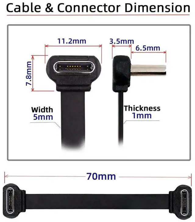 Alt view image 3 of 7 - Short USB2.0 Data Cable 2.76in Ultra Slim Flat USB-C Type C to USB-C Power Angled Connector 65W Fast Charge for Laptop Tablet Phone
