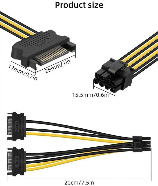 Alt view image 5 of 7 - Dual SATA 15Pin to 8-Pin(6+2 pin),Dual SATA to PCI-E Power Cable for Computers,Male to Male,1M,(3 Pack)d