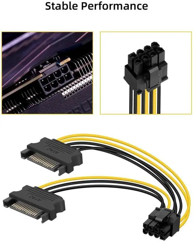 Alt view image 7 of 7 - Dual SATA 15Pin to 8-Pin(6+2 pin),Dual SATA to PCI-E Power Cable for Computers,Male to Male,1M,(3 Pack)d