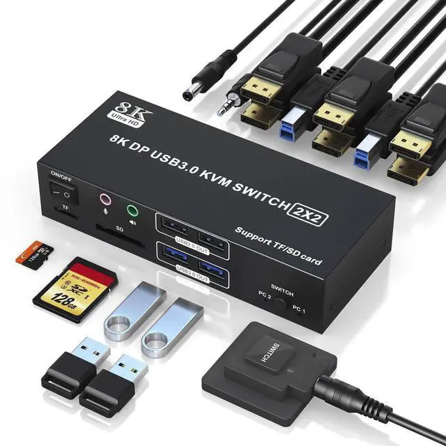 Main image of 8K@60Hz Displayport KVM Switch 2 Monitors 2 Computers, 4K@120Hz USB 3.0 KVM Switch Displayport with Audio Microphone Output and 4 USB Ports, SD/TF Slots, Displayport KVM Support Extended & Copy Mode