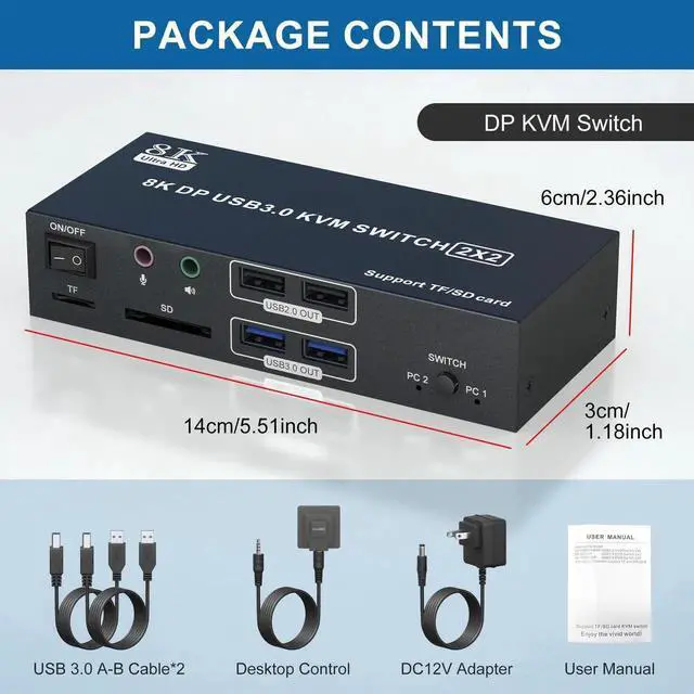 Alt view image 7 of 7 - 8K@60Hz Displayport KVM Switch 2 Monitors 2 Computers, 4K@120Hz USB 3.0 KVM Switch Displayport with Audio Microphone Output and 4 USB Ports, SD/TF Slots, Displayport KVM Support Extended & Copy Mode