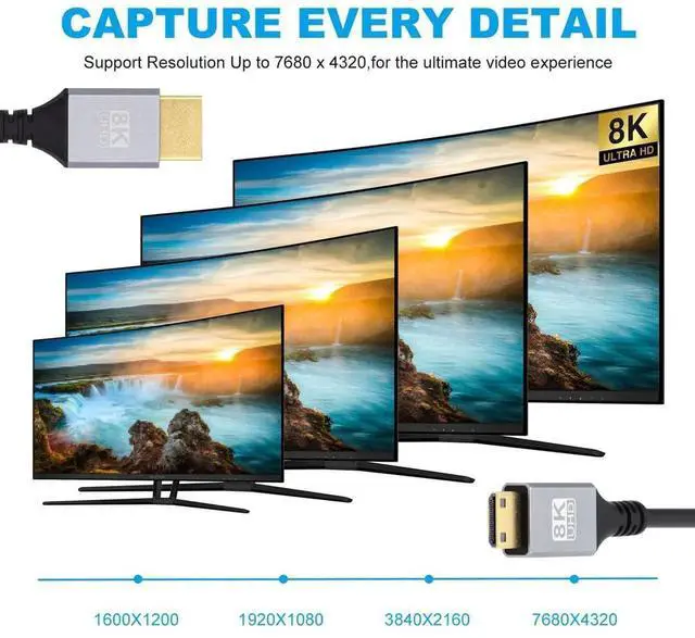 Alt view image 4 of 7 - Ultra Thin Mini HDMI 2.1 HDTV Cable 1.0 m, Hyper Slim HDMI Cord 2.0 8K 4K Type-A to Type-C for Camera HDTV