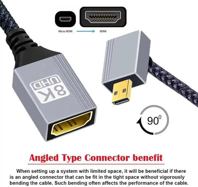 Alt view image 3 of 7 - 8K Micro HDMI 2.1 Type-D Male Down Angled 90 Degree to HDMI Female Extension HDTV Cable for Monitor DV Camera Laptop Portable 17cm
