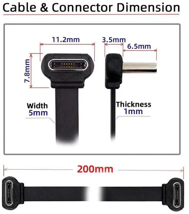 Alt view image 4 of 7 - Short USB2.0 Data Cable 7.87in Ultra Slim Flat USB-C Type C to USB-C Power Angled Connector 65W Fast Charge for Laptop Tablet Phone 20cm