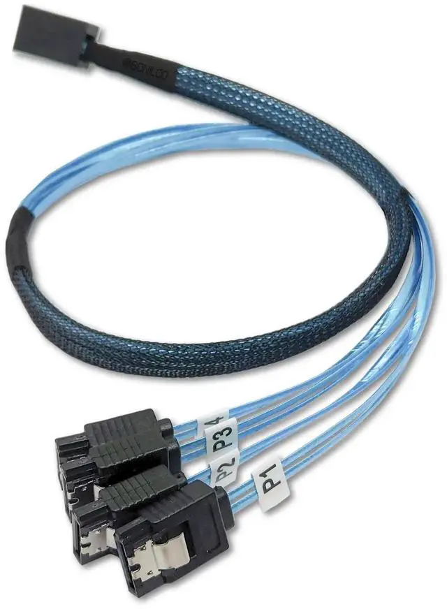 Alt view image 3 of 5 - Internal HD Mini SAS Cable SFF-8643 to 4 SATA Digital Black Cord (1 Cable, 0.5 M / 1.6 Feet)