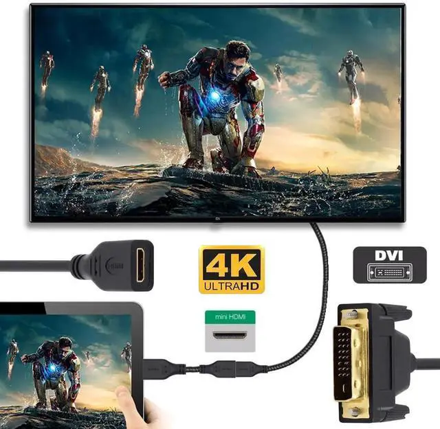 Alt view image 4 of 7 - 20cm Mini HDMI 1.4 Type-C 4K to DVI 24+1 Cable -Male to Female Extension Cord for Computer HDTV Graphics Card UHD Black