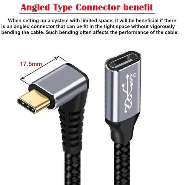 Alt view image 3 of 7 - Down & Up Angled USB-C USB 3.1 Type C Male to Female Extension Data Cable 10Gbps 100W with Sleeve for Laptop 1M