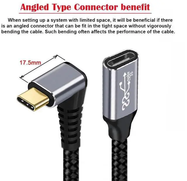 Alt view image 3 of 7 - Down & Up Angled USB-C USB 3.1 Type C Male to Female Extension Data Cable 10Gbps 100W with Sleeve for Laptop 0.2m