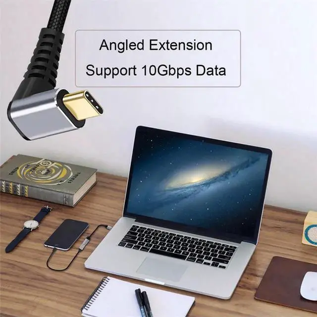 Alt view image 5 of 7 - Down & Up Angled USB-C USB 3.1 Type C Male to Female Extension Data Cable 10Gbps 100W with Sleeve for Laptop 0.2m