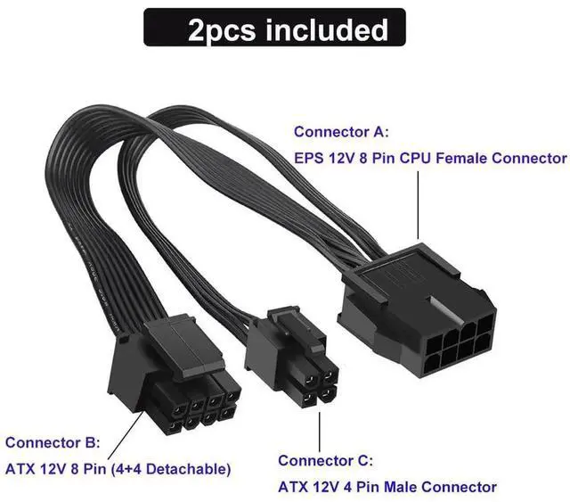 Alt view image 2 of 7 - 2 Pack EPS12V CPU 8 Pin Female to CPU ATX 8 Pin and ATX 4 Pin Male Power Supply Extension Cable EPS 12V for Motherboard 10.6 inch