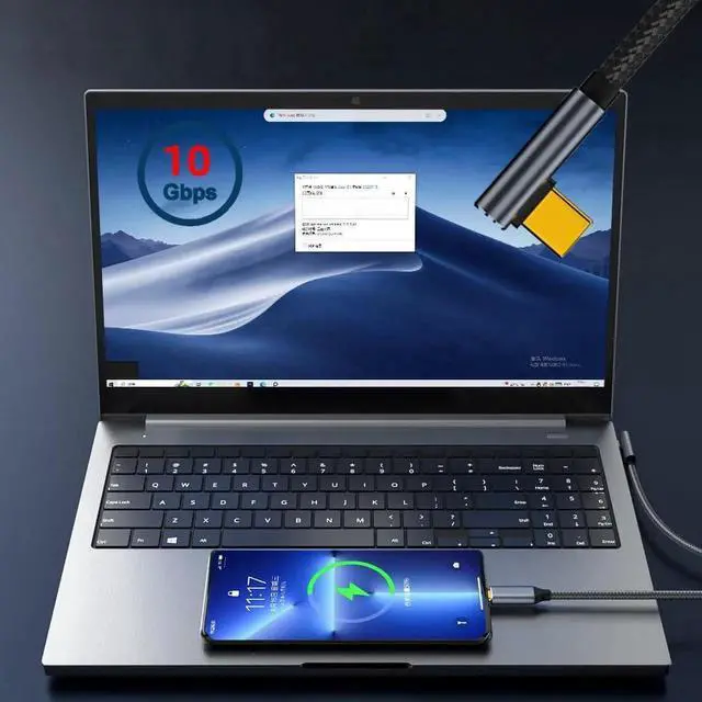 Alt view image 4 of 7 - 90 Degree USB3.1 USB-C Type-C Male to Male Cable Low Profile Angled 4K@60Hz Gen 2 100W 10Gbps Data Extension Cord for Laptop Phone, 1m/3.3ft