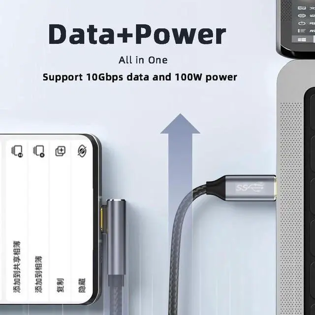 Alt view image 5 of 7 - 90 Degree USB3.1 USB-C Type-C Male to Male Cable Low Profile Angled 4K@60Hz Gen 2 100W 10Gbps Data Extension Cord for Laptop Phone, 1m/3.3ft