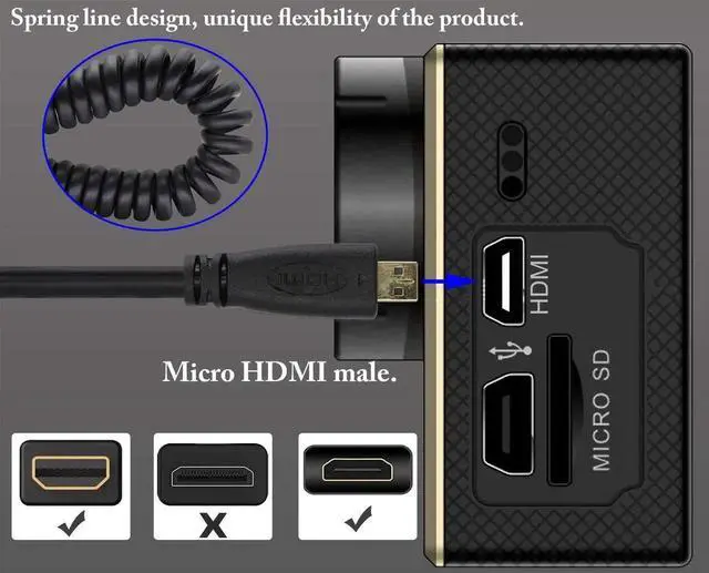 Alt view image 4 of 7 - HDMI to HDMI D Spring Cable,1080P 4k High Speed Ultra HD hdmi Version 1.4 Male Cable,gopro hdmi Cable,Support Ethernet, 3D, 4K Audio and Video Straight Spring Cable.(Black/2m-A/D)