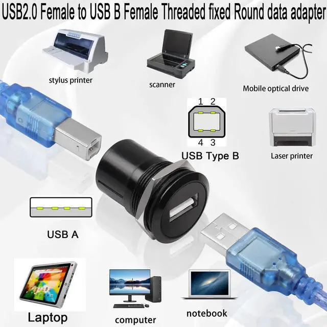 Alt view image 4 of 6 - USB2.0 to USB B Threaded Fixed Printer Adapter USB2.0 Female to USB Type B Female Panel Mount Round Connector for PC Printer Scanner Laptop