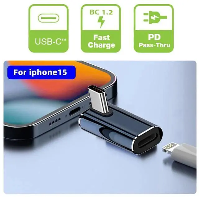 Alt view image 7 of 7 - Type C USB-C Male to 8P Female Fast Charging 27W Power 480Mbps Data Adapter Low Profile Angled Compatible with iPhone 15 & Android & Tablet