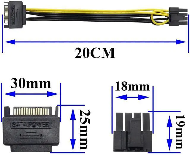 Alt view image 2 of 7 - 2 Pack 15-Pin SATA Male to 8 Pin (6+2 Pin) PCI-Express Female Video Card Power Adapter Cable (6+2Pin) 8 Pin PCI-E Female to Male SATA for Graphic Cable (20CM/8inch)