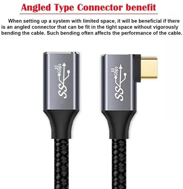 Alt view image 3 of 7 - Left Right Angled USB-C USB 3.1 Type C Male to Female Extension Data Cable 10Gbps 100W with Sleeve for Laptop 3.0m