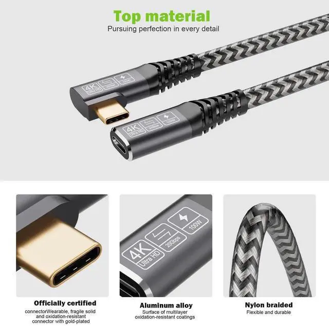 Alt view image 2 of 7 - USB 3.2 Extension Cable 1.65FT, Short USB-C Extension Cable, Right Angle Male to Female Extension Charging. Supports 20Gbps/4K Video/PD 100W Compatible with Monitor & iPhone 15 /iPad Pro