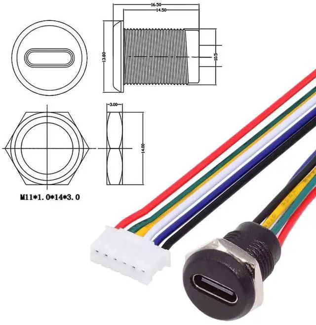 Alt view image 2 of 7 - 5pcs DIY OEM Type C Female Socket to 6Pin Header 24AWG Pitch=2.0mm Panel Mount DC 5V/20V PD Power Cable
