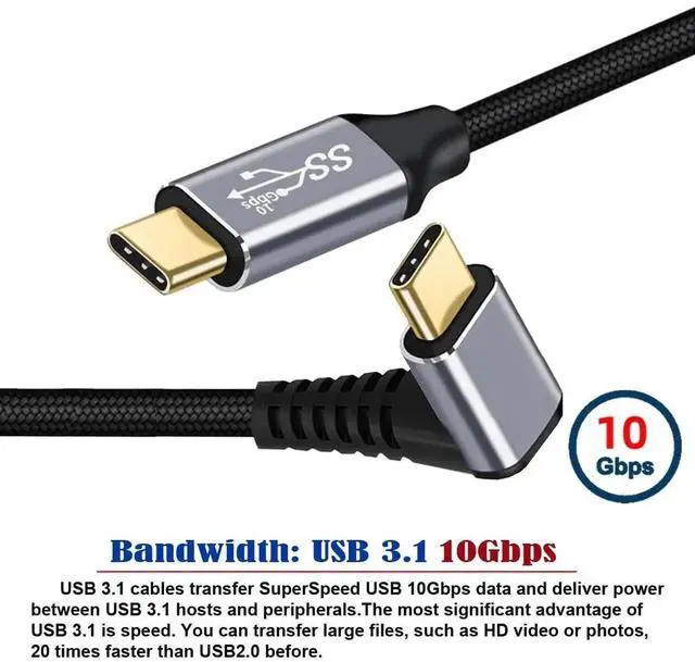 Alt view image 5 of 7 - 90 Degree Down & Up Angled Type-C USB-C Male to Male USB3.1 10Gbps 100W Data Cable for Laptop Phone 3M