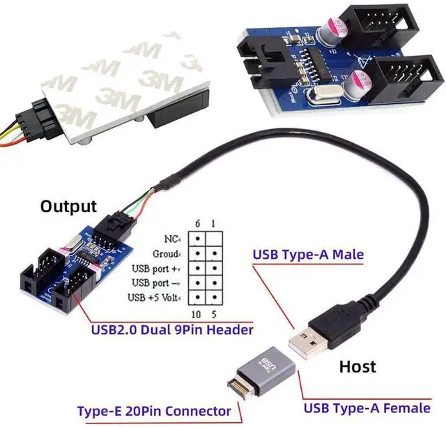 Alt view image 6 of 7 - USB 3.1 Front Panel Header Male Type-E 20Pin to USB 2.0 Male Type-A 1 to 2 Motherboard 9pin 10pin Female Header DC 5v HUB Adapter Internal Port Multiplier