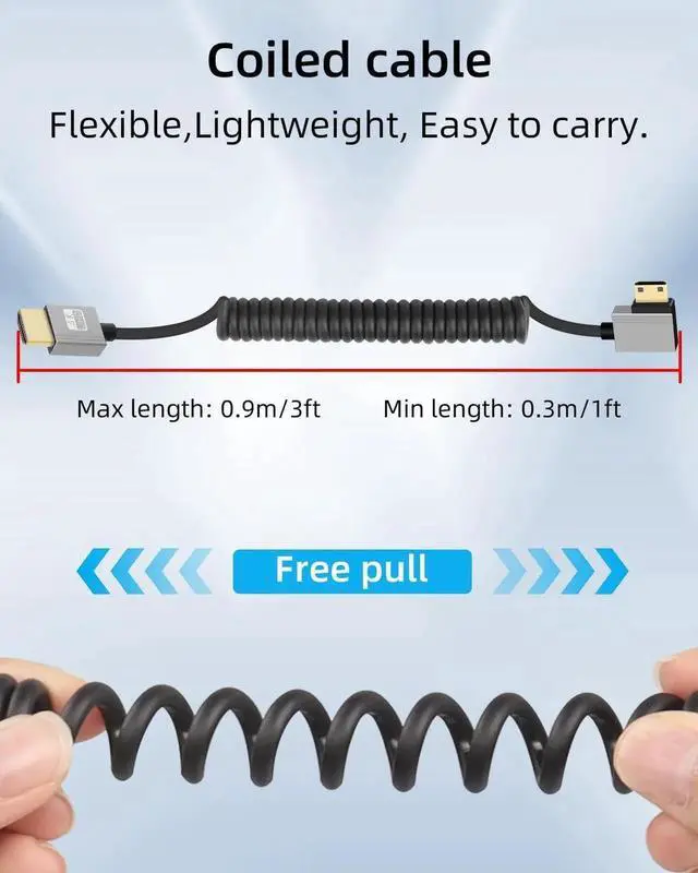 Alt view image 2 of 7 - 4K Left Angle Mini HDMI to HDMI Cable 2.2FT, 90 Degree Short HDMI to Mini HDMI Cable, Coiled Hdmi 2.0 Cable 4K@120Hz 18Gbps for Camera/Camcorder/HDTV/Tablet