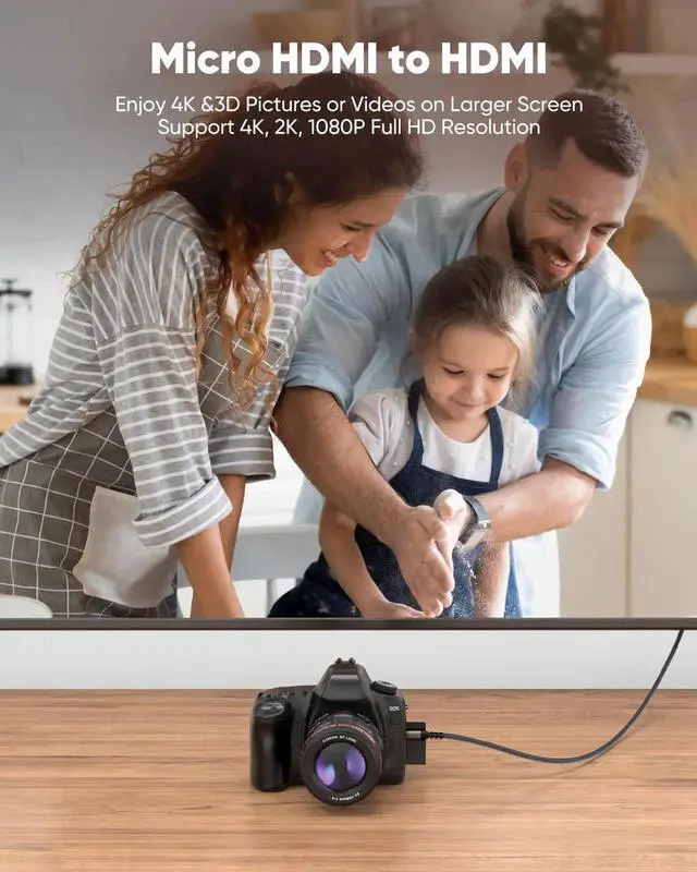 Alt view image 3 of 7 - 4K Micro HDMI to HDMI Cable 3.3 FT, Micro Male to HDMI Male Cable Nylon Braided Cord Adapter 2.0 4K@60HZ 2K@165HZ 18Gbps Compatible with Laptop Camera Monitor HDMI to Micro HDMI Black