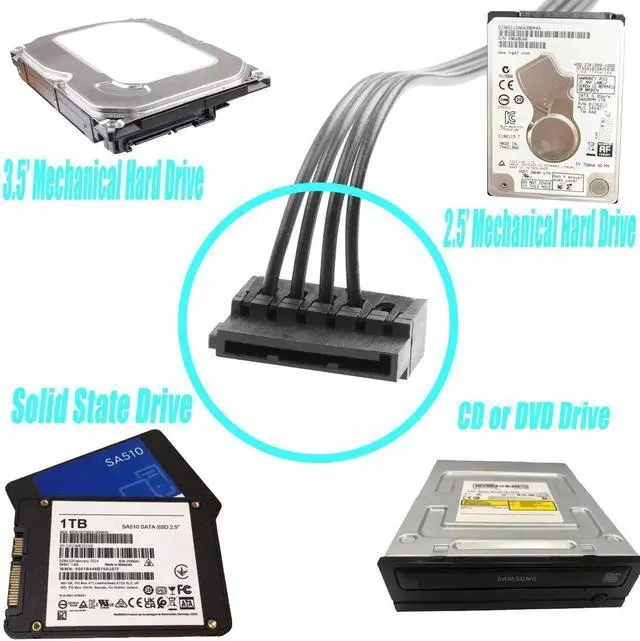 Alt view image 3 of 6 - IDE Molex 4 PIN Male to 3 x SATA 15 PIN Female Expansion Power Cable 16.6in 18AWG Tinned Copper - for PC/NAS/Server Mechanical Hard Drives/SSDs