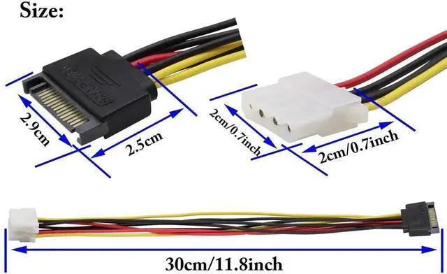 Alt view image 2 of 7 - SATA 15pin to Dual 4pin Molex one-to-Two Power Cord Cable,sata 15P to 4P IDE Hard Drive Power Cord Y-Splitter,SATA Male to 2 Molex Female for 12V/5V IDE HDD DVD.(30cm/2Pack)