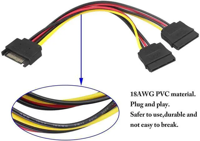 Alt view image 5 of 7 - 15Pin SATA Power Supply 1 to 2 Y Splitter Cable,SATA 15Pin 1 Male to 2 Female Interface Extension Cable,15Pin Desktop Hard Drive Optical Drive Power Cord Serial Port Line Adapter.(2Pack)