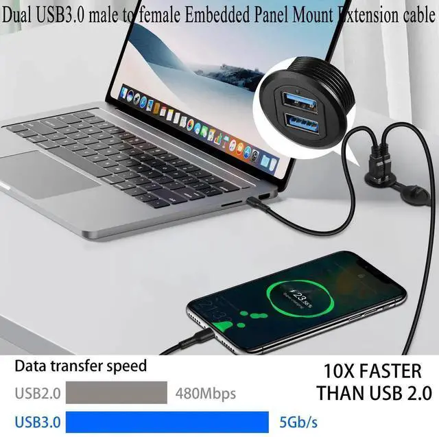 Alt view image 2 of 7 - Dual USB 3.0 Embedded Car Waterproof Cable 2 USB3.0 Male to 2 Female Threaded Fixed Mount Extension Cable, LED Light Aluminium Housing, for Instrument Panel Car Boat Motorbike, 2M/6.5ft