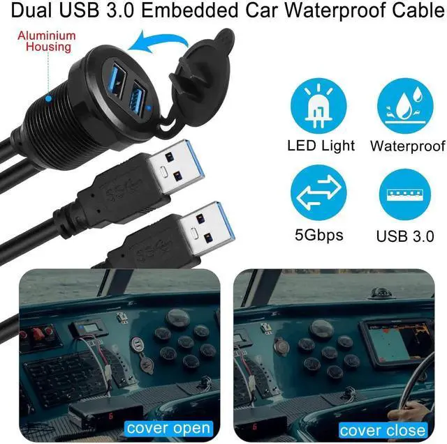 Alt view image 3 of 7 - Dual USB 3.0 Embedded Car Waterproof Cable 2 USB3.0 Male to 2 Female Threaded Fixed Mount Extension Cable, LED Light Aluminium Housing, for Instrument Panel Car Boat Motorbike, 2M/6.5ft