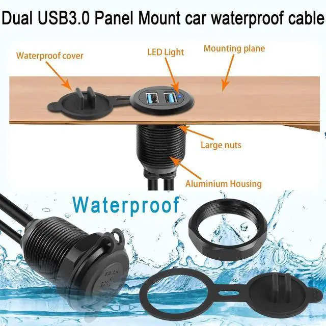 Alt view image 4 of 7 - Dual USB 3.0 Embedded Car Waterproof Cable 2 USB3.0 Male to 2 Female Threaded Fixed Mount Extension Cable, LED Light Aluminium Housing, for Instrument Panel Car Boat Motorbike, 2M/6.5ft