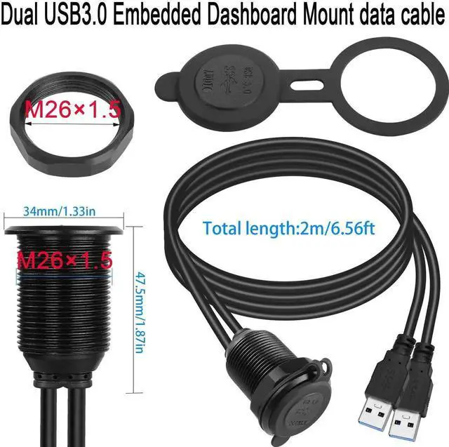 Alt view image 6 of 7 - Dual USB 3.0 Embedded Car Waterproof Cable 2 USB3.0 Male to 2 Female Threaded Fixed Mount Extension Cable, LED Light Aluminium Housing, for Instrument Panel Car Boat Motorbike, 2M/6.5ft