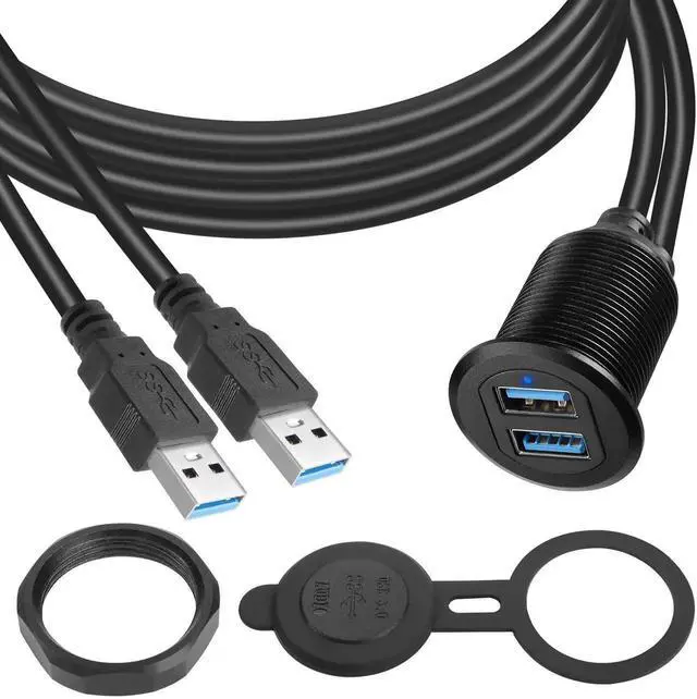 Main image of Dual USB 3.0 Embedded Car Waterproof Cable 2 USB3.0 Male to 2 Female Threaded Fixed Mount Extension Cable, LED Light Aluminium Housing, for Instrument Panel Car Boat Motorbike, 2M/6.5ft