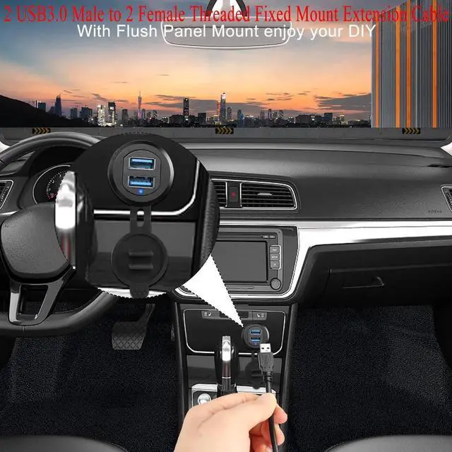 Alt view image 5 of 7 - Dual USB 3.0 Embedded Car Waterproof Cable 2 USB3.0 Male to 2 Female Threaded Fixed Mount Extension Cable, LED Light Aluminium Housing, for Instrument Panel Car Boat Motorbike, 2M/6.5ft