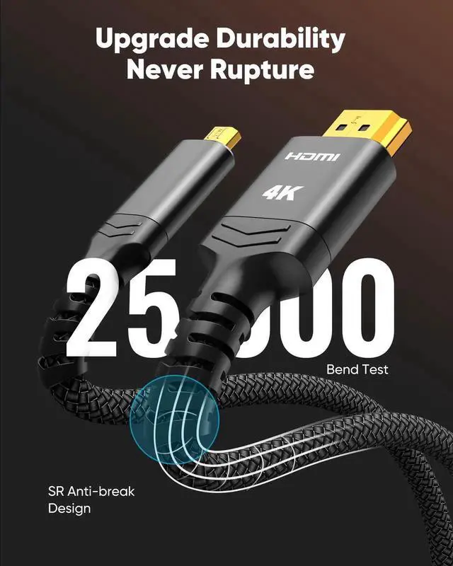 Alt view image 2 of 7 - 4K Micro HDMI to HDMI Cable 10 FT, Micro Male to HDMI Male Cable Nylon Braided Cord Adapter 2.0 4K@60HZ 2K@165HZ 18Gbps Compatible with Laptop Camera Monitor HDMI to Micro HDMI Black