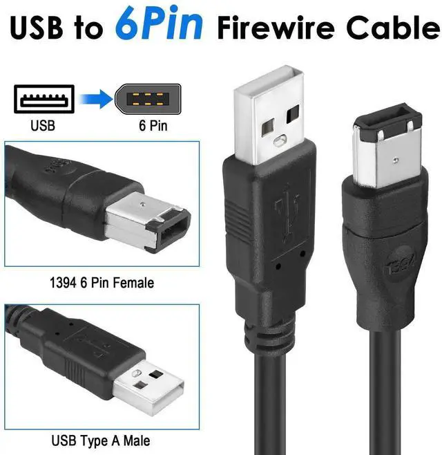 Alt view image 2 of 7 - Firewire to USB Adapter Cable 6-Pin IEEE 1394 Male to USB 2.0 Male Converter Firewire 400 1394-a to USB A Connector Cord for Printer Scanner Hard Disk (Not Compatible with Sound Card) 1.8m/6ft
