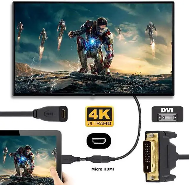 Alt view image 2 of 7 - 20cm Micro HDMI 1.4 Type-D 4K to DVI 24+1 Cable -Male to Female Extension Cord for HDTV Graphics Card UHD Black