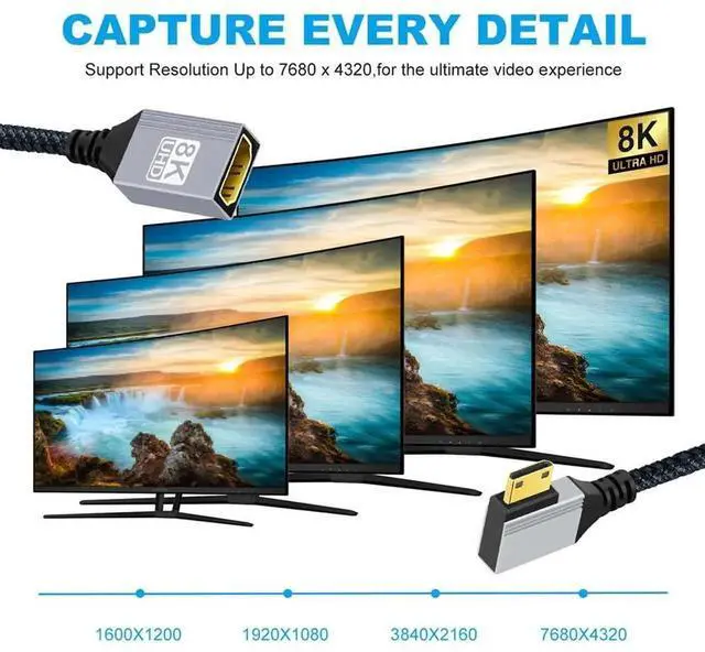Alt view image 2 of 7 - Type-C Mini HDMI 2.1 8K Right Angled 90 Degree to HDMI Female Short Extension Cable HDTV for DV Camera Laptop Portable Monitor 17cm