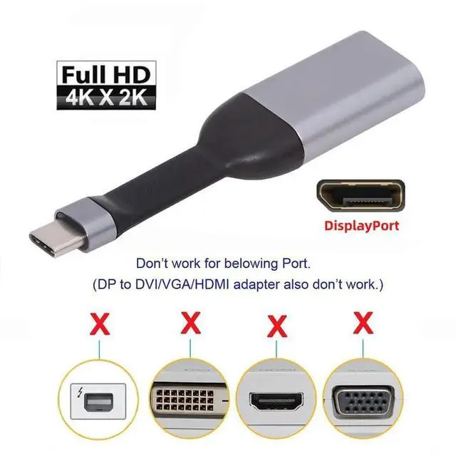 Alt view image 7 of 7 - USB-C to Displayport Adapter 4K 60hz Type-C Source to DP Sink HDTV Converter Ultra Slim Flat Cable 1080p for Laptop Tablet Phone