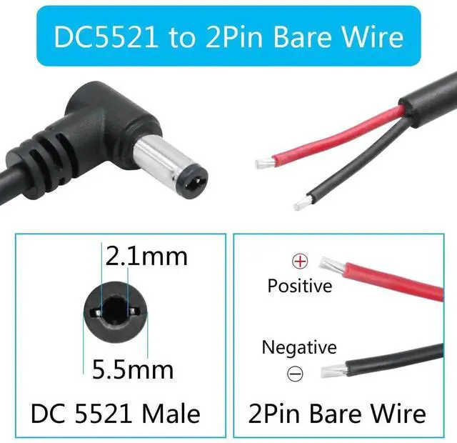 Alt view image 4 of 7 - 4Pcs DC 5.5mm x 2.1mm Male Plug Power Pigtail Wire 1M/3FT,18AWG 90 Degree Right Angle DC5521 Male Plug Jack to 2 Pin Bare Wire Open End Power Cable,for DC Power Supply Cable Repair Replacement