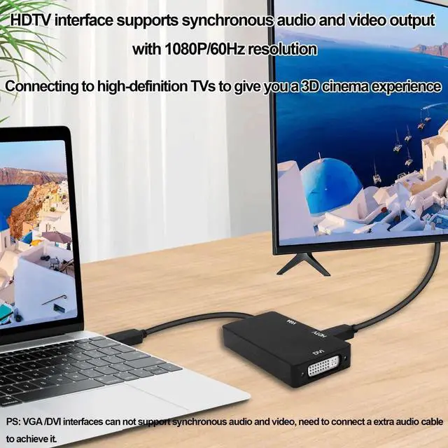 Alt view image 3 of 7 - DisplayPort to HDTV VGA DVI Adapter DP to VGA DVI HDTV 3 in 1 Adapter Converter Male to Female Cable for PC Laptop TV Projector